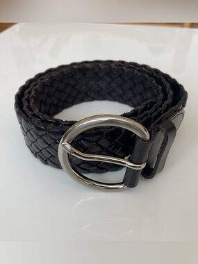 Talbots black leather woven belt solid brass silver tone buckle size M